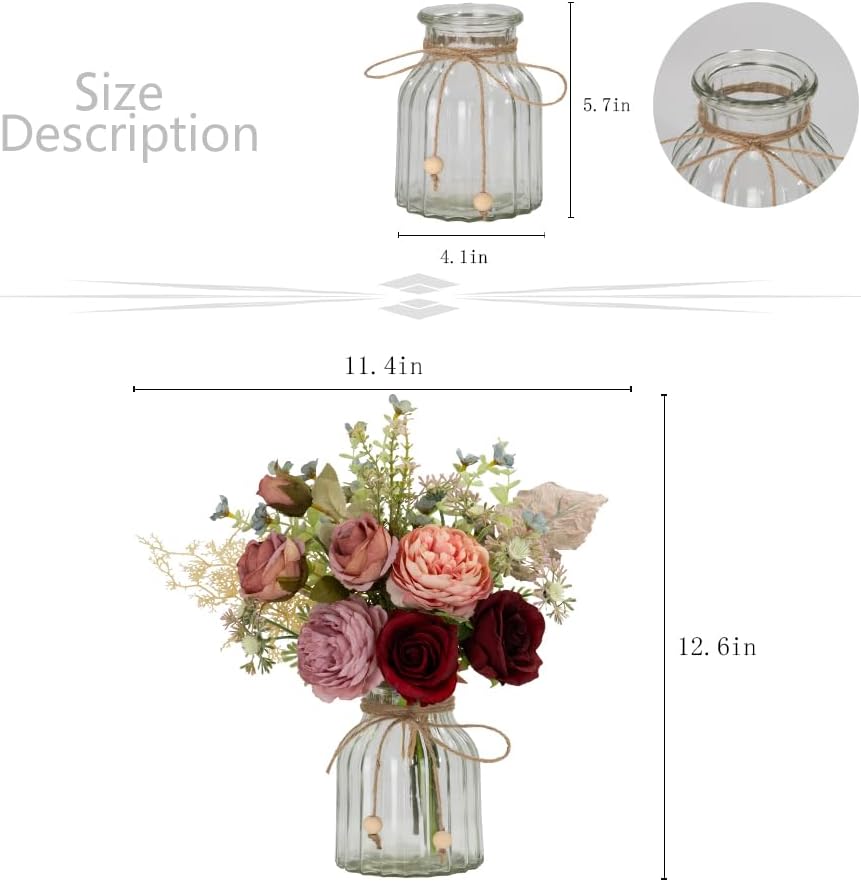 LESING Fake Artificial Flowers with Vase Faux Silk Flower Bouquet in Glass Vase Rose Floral Arrangements Flower for Home Office Decoration, Dining Table Centerpiece (Red)