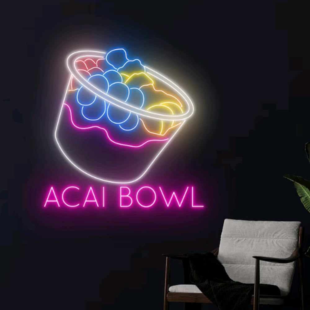 Acai Bowl Neon Sign, Acai Bowl LED Light, Acai Bowl Fruit Neon Light, Open Led Sign, Cafe Room Wall Decor, Club Neon Light, Drink Led Sign Size:18inches