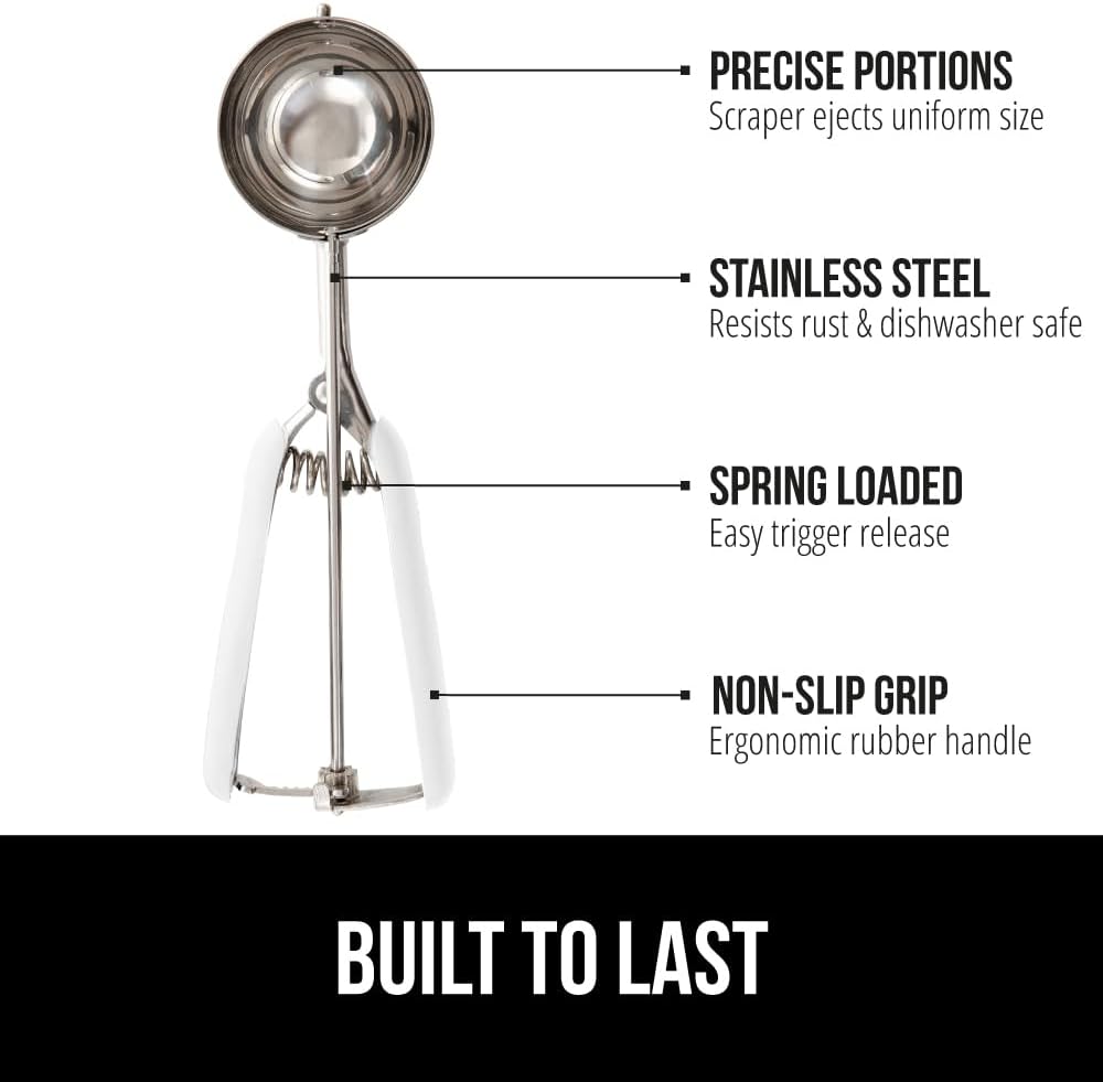 GORILLA GRIP Stainless Steel Multipurpose BPA-Free Spring Scoop, 3 TBSP, Melon Ballers, Cookie Dough Scoops, Perfect Portion Sizes, Easy Squeeze and Clean Release, Scooper Size 20, White