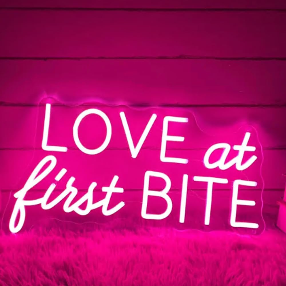 Love At First Bite Neon Sign, Custom Dessert Table LED Neon Light Minimalist Wedding Food Dessert Bar Sign Decor Donut Wall Decoration Size:20x 11inches