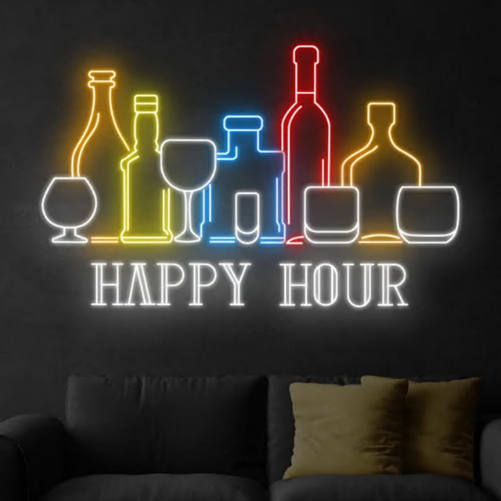 Happy Hour Wine Beer Neon Sign, Wine Bar Beer Pub Neon Sign, Custom Neon Sign, Alcohol Bar Open Night Light Decor, Drinking Lover Gifts Size:25inch