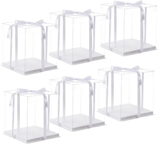 XININSUN 6Pcs clear cake Box with Ribbon, 8 X 8 X 9inch tall cake box,8inch Bakery Take Out Transport Containers Clear Gift Boxes for Wedding, Birthday, Party