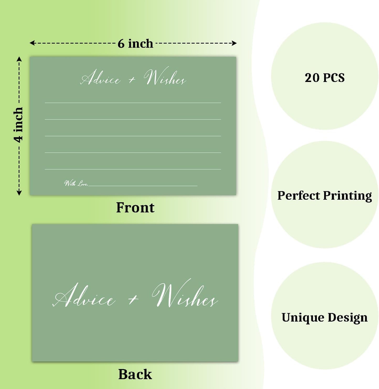 Green Advice And Wishes Cards, Advice Cards For Bridal, Wedding, Baby Shower, Mr And Mrs, Graduation, Wishes For Baby Cards Baby Shower, Pack Of 20 4x6 Cards Double Sided Print -03
