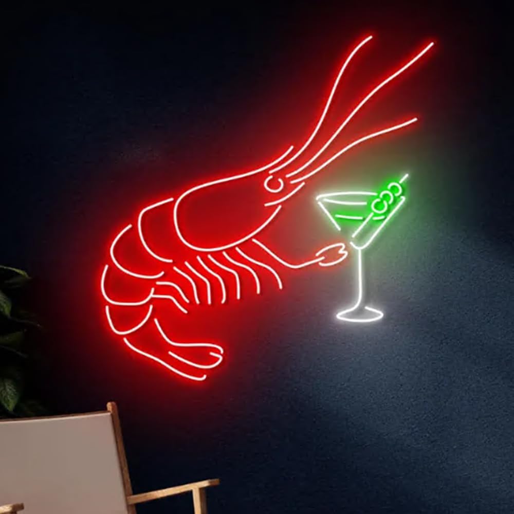 Shrimp Martini Neon Sign, LED Seafood Bar Light for Cocktail Lounge, Restaurant Decor, Neon Wall Decor for Food Truck Size:20inch