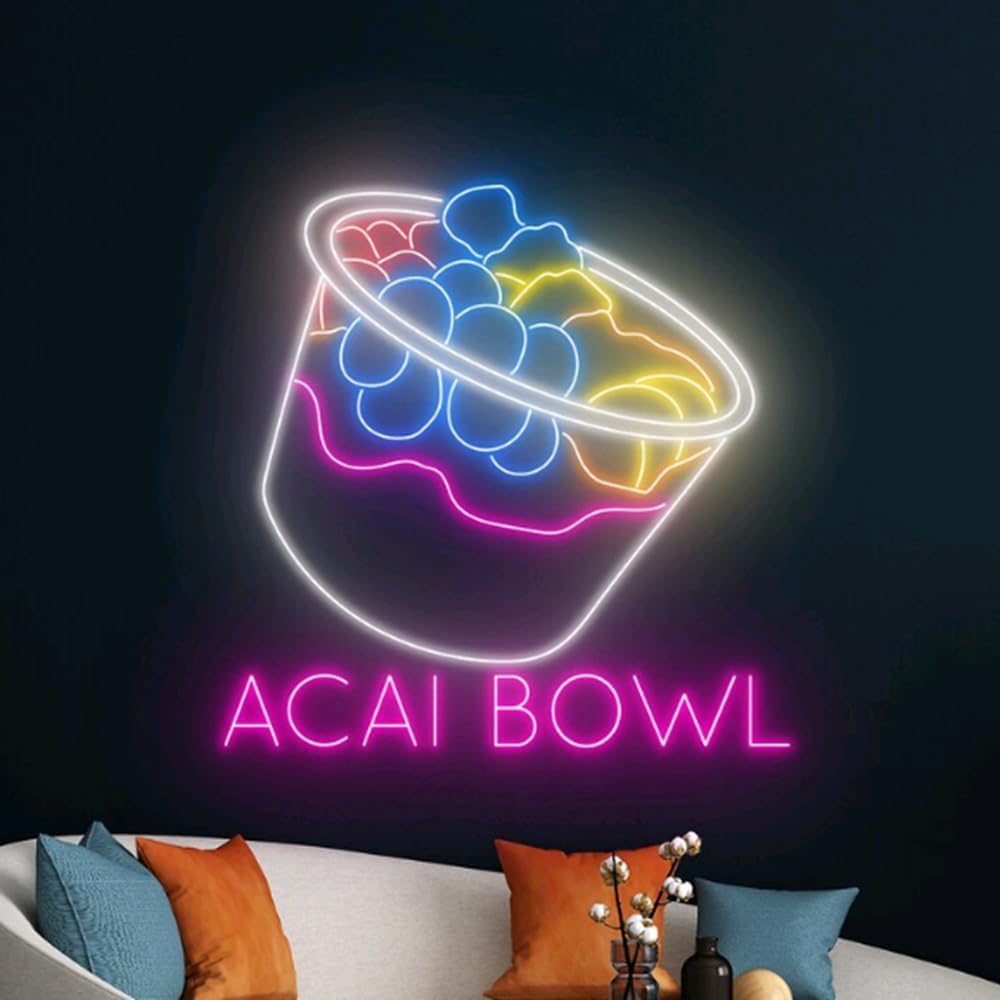 Acai Bowl Neon Sign, Acai Bowl LED Light, Acai Bowl Fruit Neon Light, Open Led Sign, Cafe Room Wall Decor, Club Neon Light, Drink Led Sign Size:18inches