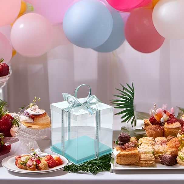 XININSUN clear cake box with ribbon,10inch 12inch cake boxes,transparent tall cake box cake carrier,Square Cardboard Cake Containers clear gift box for Wedding,Birthday,Party(6pcs-green)