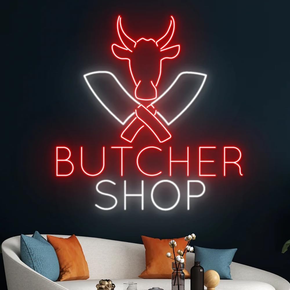 Butcher Shop Led Sign, Cow Led Light, Butcher Neon Light, Butcher Shop Neon Sign, Store Sign Wall Art, Kitchen Business Decor Size:18inches