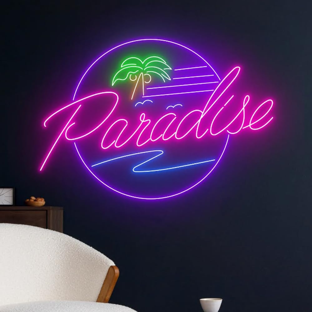 Paradise Ocean Waves Palm Tree Neon Sign, Beach Led Sign, Holiday Led Light, Tropical Island Led Sign, Pool Party Room Wall Decor, Best Gift Size:16inches