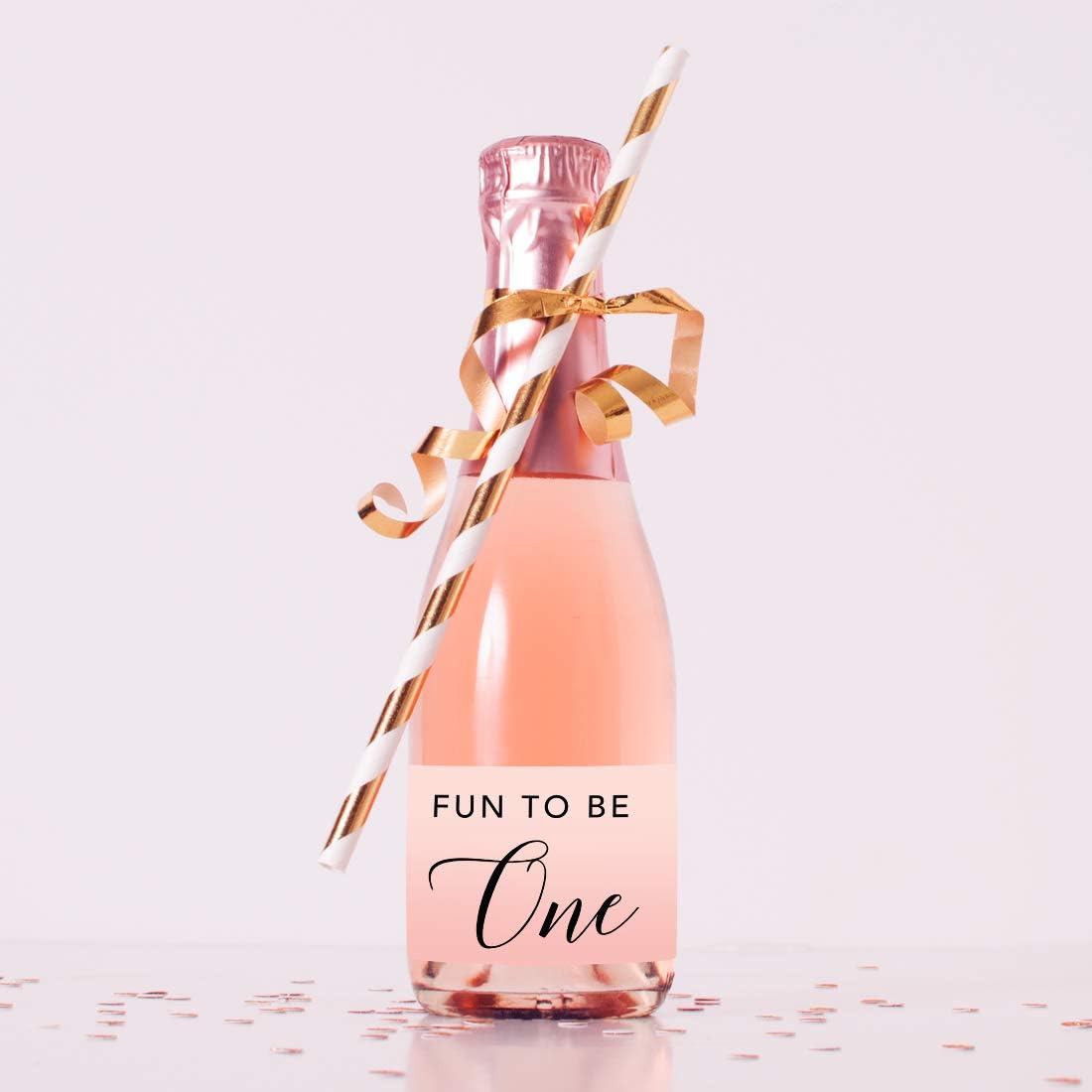 Andaz Press Blush Pink Rose Elegant Party Baby Girl's 1st Birthday Collection, Waterproof Mini Champagne Wine or Milk Bottle Labels, Fun to Be One, 20-Pack, Party Favors Decor Gift Ideas