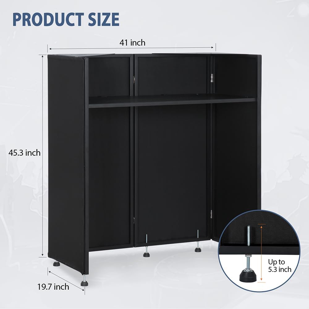 LUCKUP DJ Facade Booth 41"L x 20"W Portable DJ Facade with White & Black Scrim, Foldable DJ Table Station with LED Strips for Party, Black Metal Frame