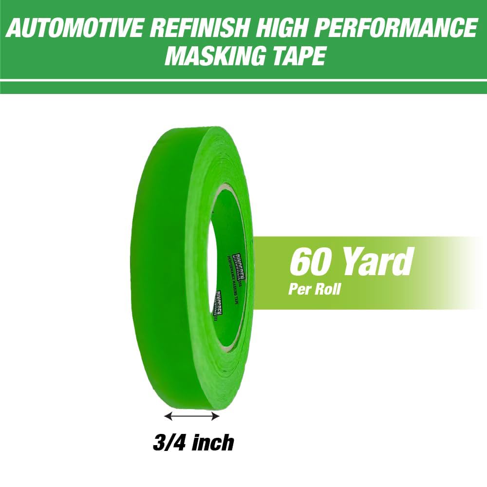 LAUCO DINOGREN High Performance Automotive Masking Tape (0.75 in x 60 yd, 12 Rolls) – Green Crepe Tape for Car Paint, Heat & Water Resistant, Body Shop Use, Clean Removal, Multi-Surface Application