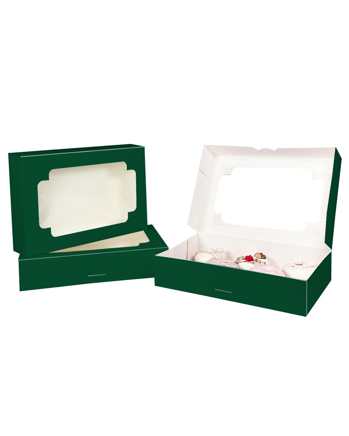 qiqee Auto-pop up Deep Green Cookie Box with Window 12x8x2.5 inch 32 Packs Two Uses One Second Folding Pastry Biscuit Bakery Box for Packaging