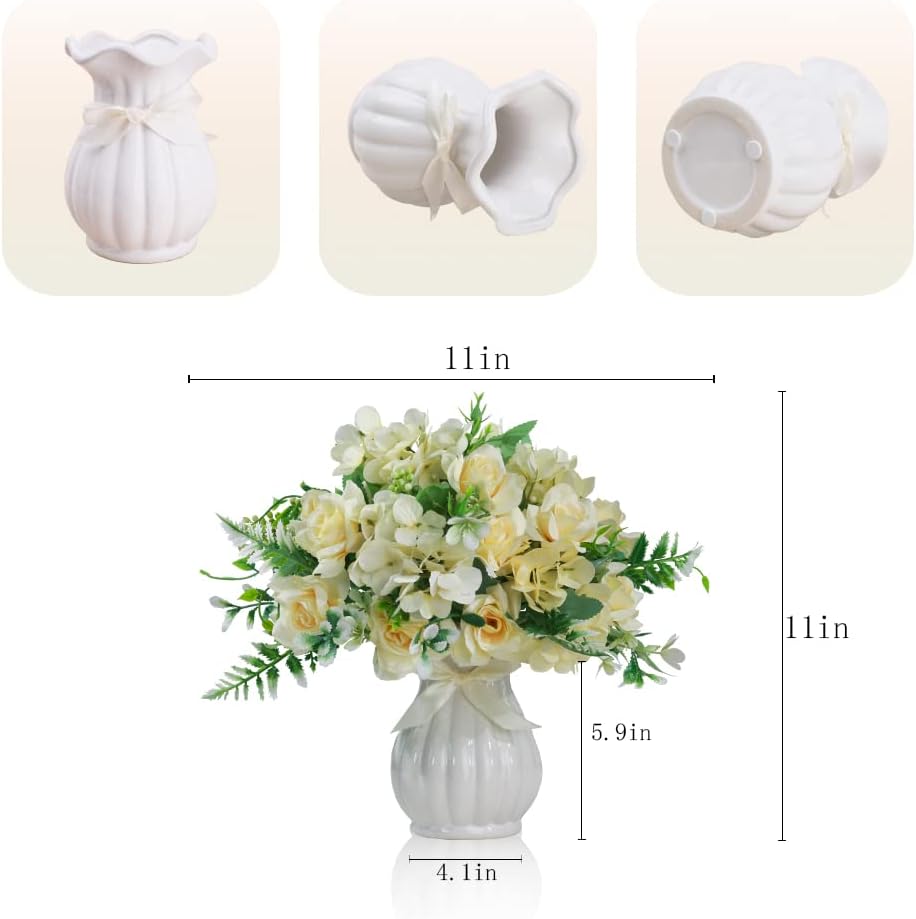 LESING Artificial Rose Silk Hydrangea Flowers Bouquets with Vase Rustic Fake Flowers for Home Decoration Table Centerpiece (Champagne)