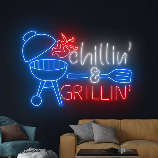 Chilling And Grilling Neon Light, BBQ Neon Sign, Barbecue Led Light, Grill Led Sign, Fire Meat Room Wall Decor, Restaurant Neon Light Size:23inch