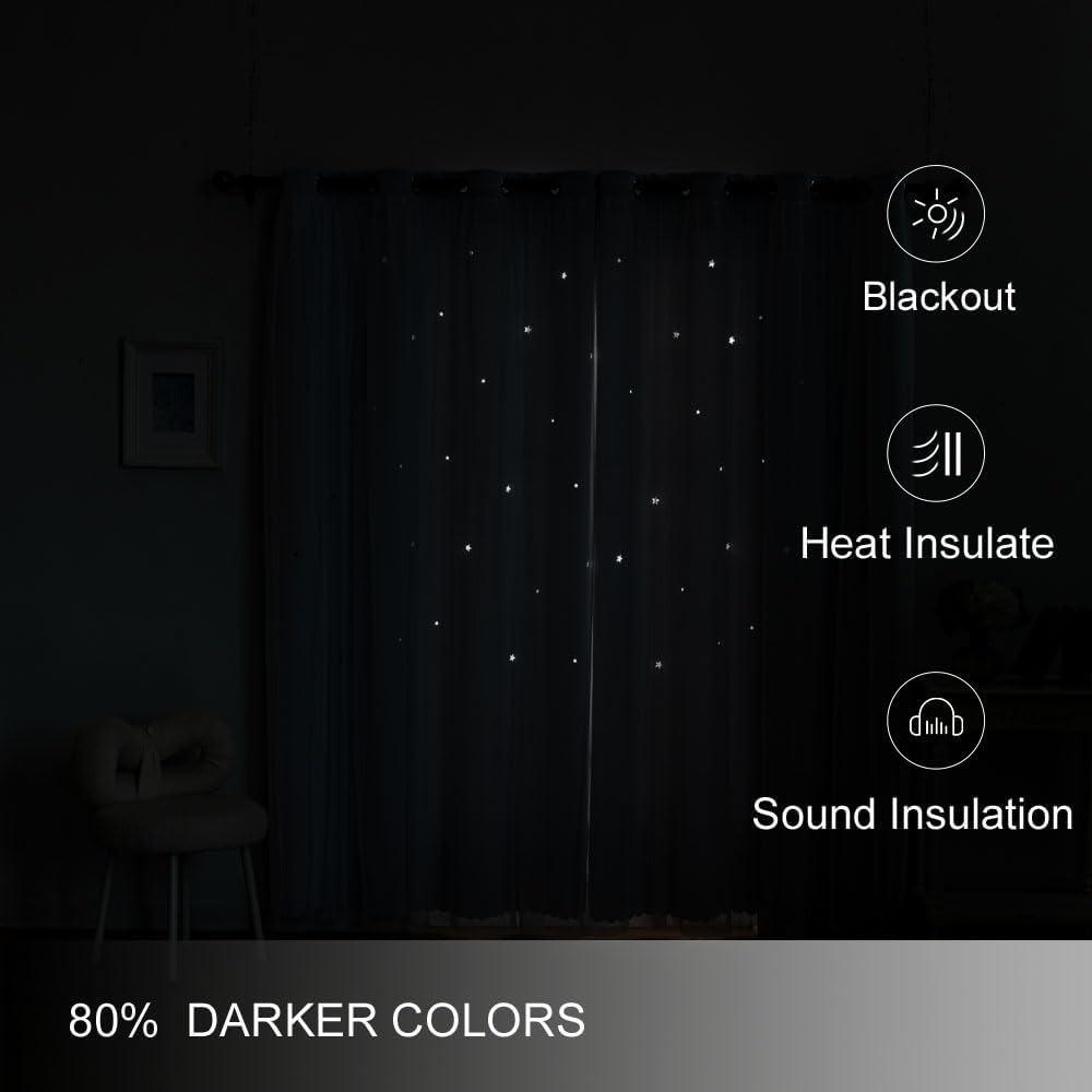 Ombre Rainbow Blackout Curtains for Kid Girls Bedroom Living Room Darking Stripe Double Layer Star Cut Out Wall Home Decor Gradient Grommet Window Curtains (Greywish White 63)
