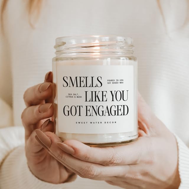 Sweet Water Decor Smells Like You Got Engaged Candle, Engagement Gift for Bride-to-Be Bridal Shower, 9oz Soy Candle with Gold Lid, Non-Toxic, Sea Salt Citrus Musk Amber Scent, Engagement Decorations