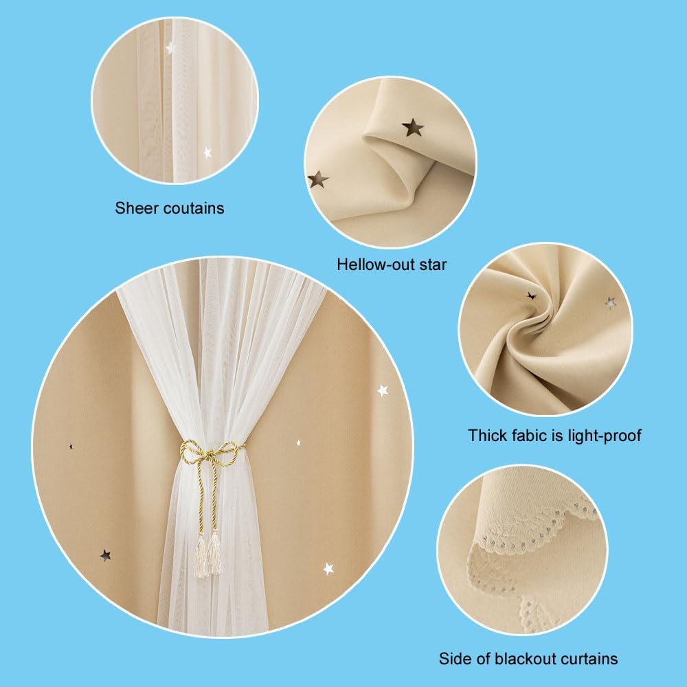 FANLI 2 Panels Star Blackout Curtains for Kid Girls Bedroom Living Room Darking Stripe Double Layer Star Cut Out Wall Home Decor Gradient Grommet Window Curtains (Beige 84L)