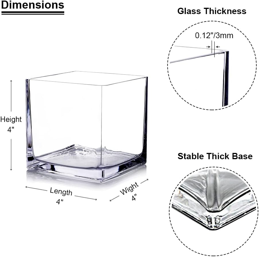 EnovaFloral Square Glass Cube Vase (4x4 Inch) - Set of 1 with Floating Candle Holders for Wedding Centerpieces & Home Office Decor