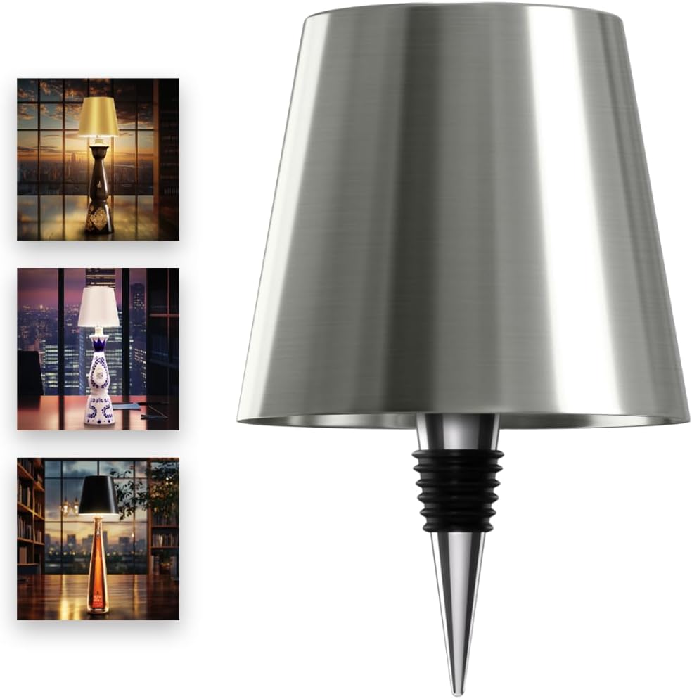 Wireless Bottle Lamp for Any Type of Bottle - LED Bottle Lamp for Indoor & Outdoor - 100% Waterproof - Adjustable Brightness and Light Temperature 3000-6000K - Wireless & Rechargeable (Silver)