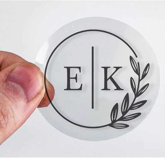 Customizable EK Initials Circle Branch Transparent Stickers 4cm 1.57 Inch Clear Round Modern Botanical Labels Self Adhesive Seals for Wedding Couples Gifts Packaging