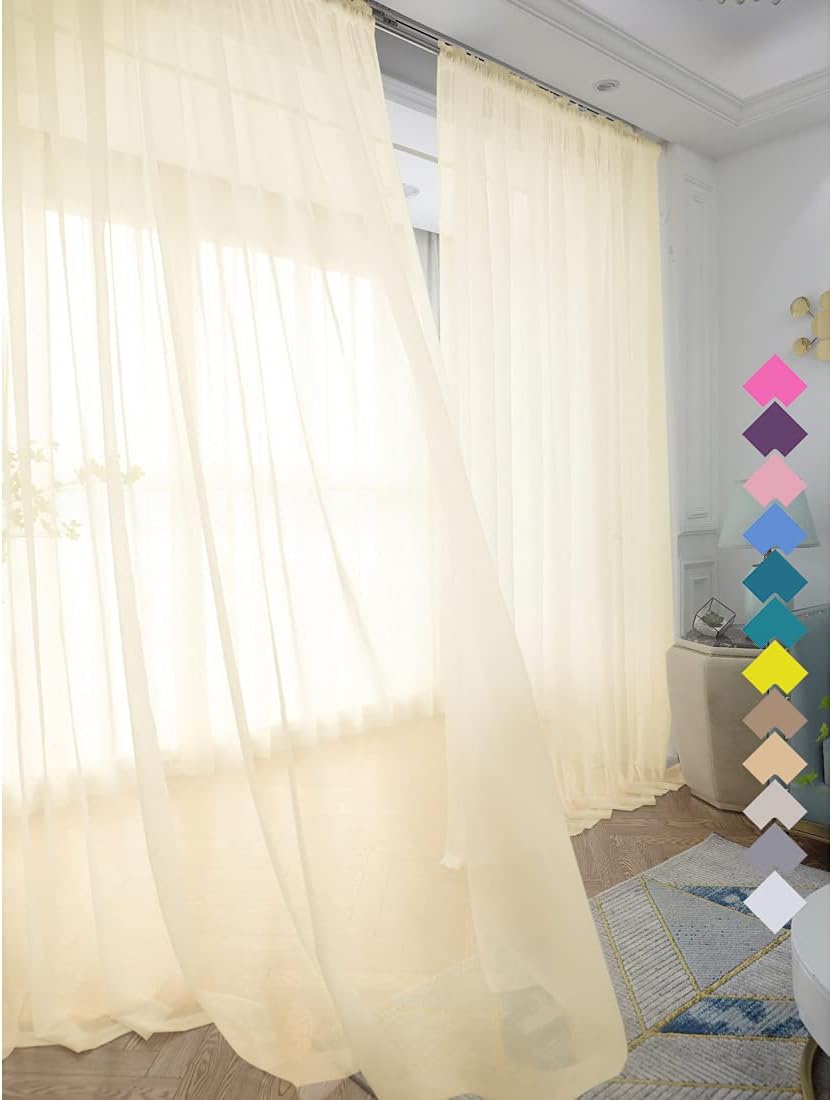 Window Light Yellow Sheer Curtains 48 Inches Width 90 Inches Long 2 Panels Sheer Curtain Clear Curtains Basic Rod Pocket Panel for Home Living Room Bedroom Kids Room Yard Patio Parlor Sliding