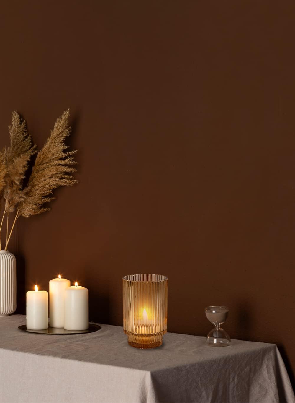 Serene Spaces Living Amber Ribbed Glass Votive Holder, Decorative Centerpiece for Wedding, Christmas, Thanksgiving, Party, Dining Table, Living Room, Home Décor, Measures 3.25" Diameter and 5" Tall