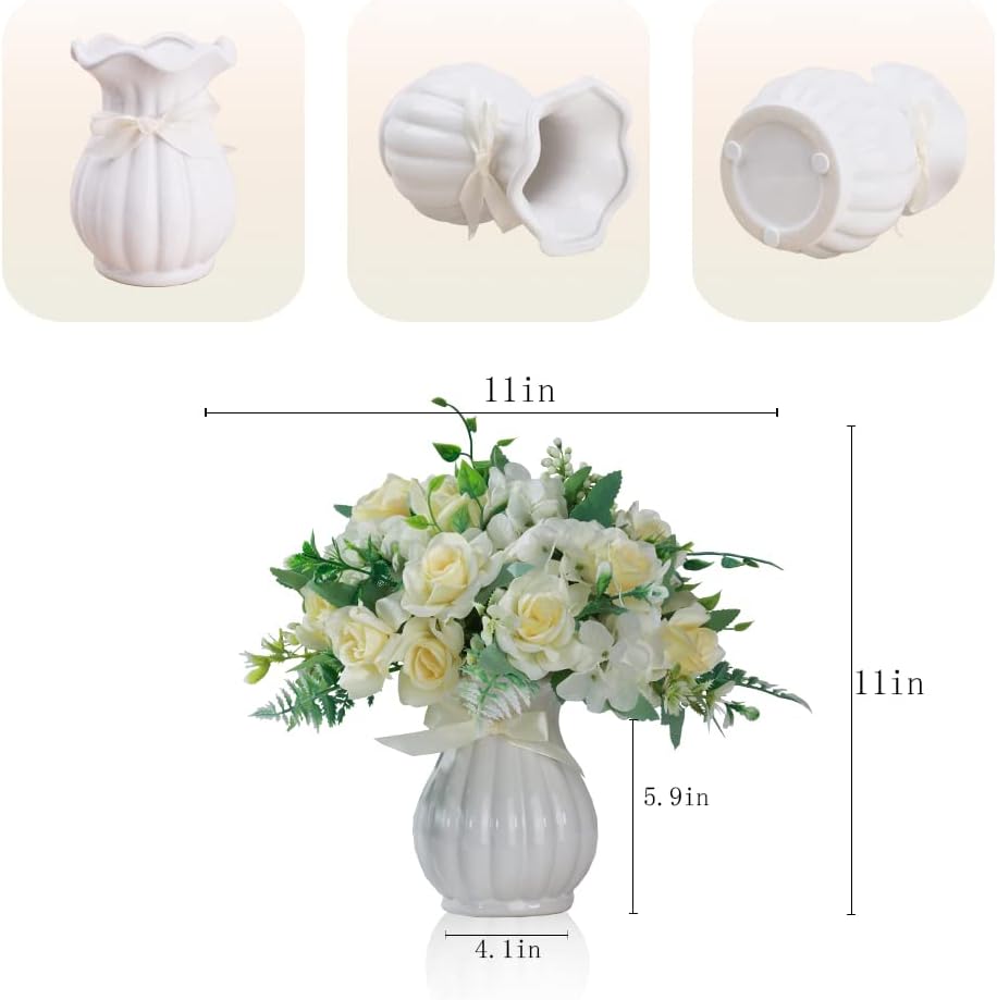 LESING Artificial Rose Silk Hydrangea Flowers Bouquets with Vase Rustic Fake Flowers for Home Decoration Table Centerpiece (White)