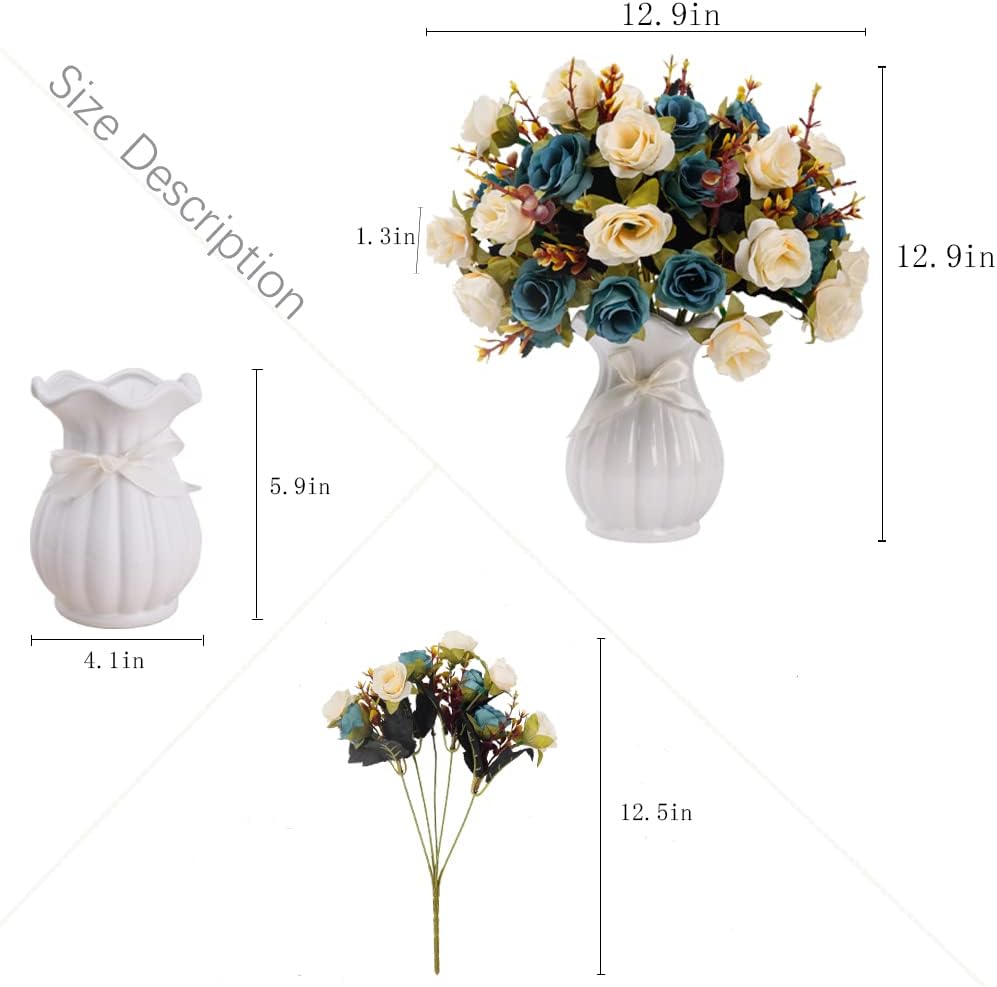 LESING Artificial Fake Flowers with Vase Silk Artificial Roses Wedding Flowers Bouquets Home Office Party Meeting Room Decoration (Blue-1)