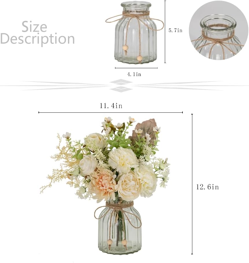 LESING Fake Artificial Flowers with Vase Faux Silk Flower Bouquet in Glass Vase Rose Floral Arrangements Flower for Home Office Decoration, Dining Table Centerpiece (White)