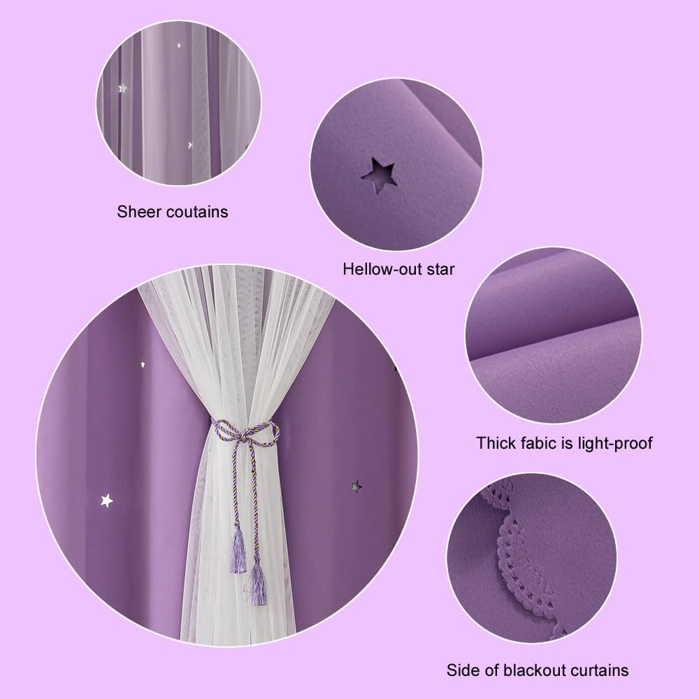Ombre Rainbow Blackout Curtains for Kid Girls Bedroom Living Room Darking Stripe Double Layer Star Cut Out Wall Home Decor Gradient Grommet Window Curtains (Purple 84L)