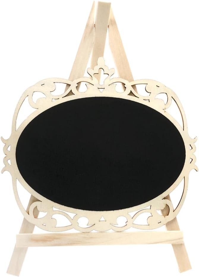 Chalkboard Signs Easel - Oval Shape with Wood Framed Swirly Design, Includes 1 Chalk Stick, Size: 10" x 7" Wooden Blackboard, Perfect for Events and Home Decoration