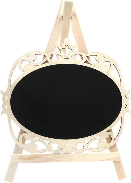 Chalkboard Signs Easel - Oval Shape with Wood Framed Swirly Design, Includes 1 Chalk Stick, Size: 10" x 7" Wooden Blackboard, Perfect for Events and Home Decoration