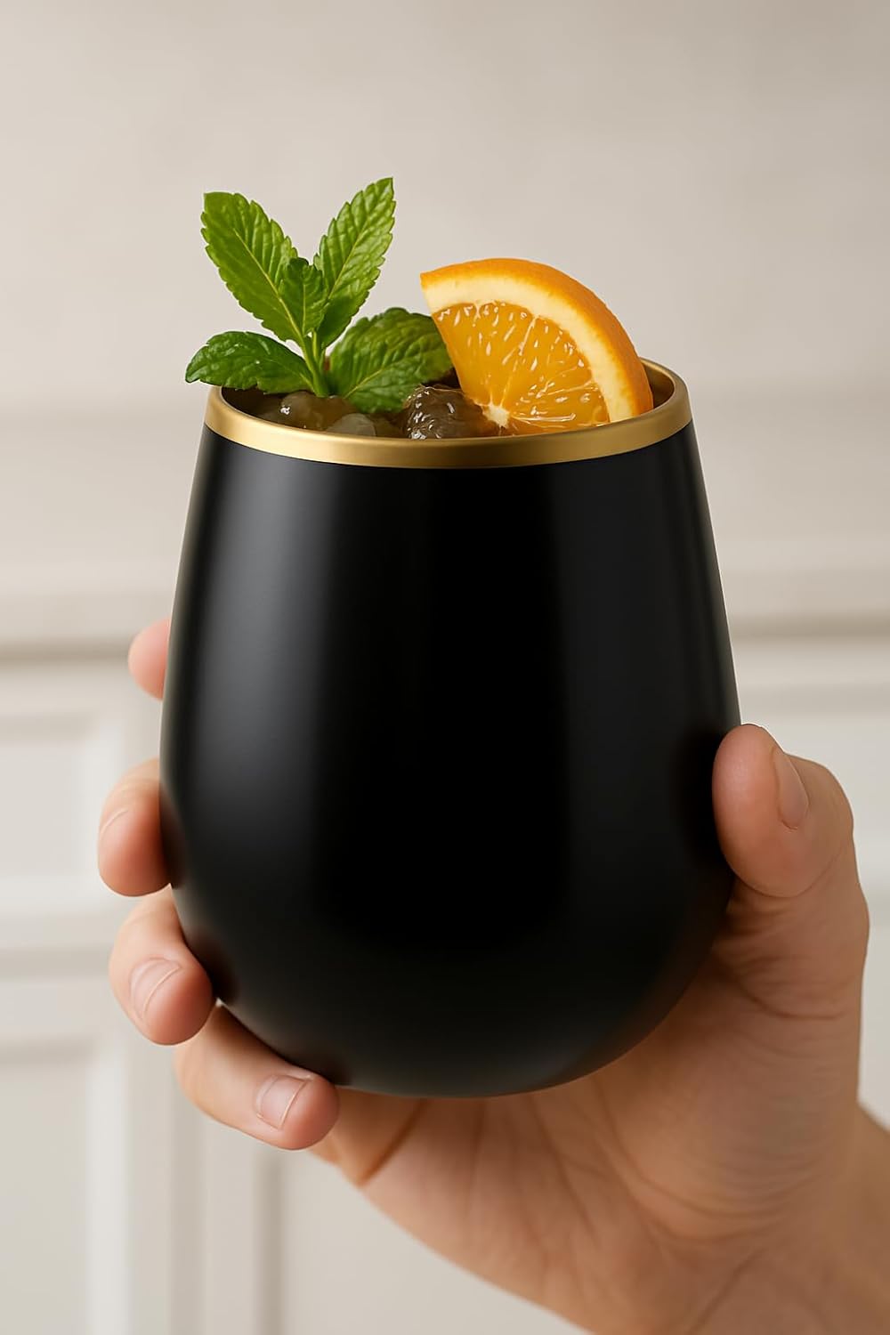 40 count Unbreakable Stemless Plastic Wine Champagne Whiskey Glasses Elegant Durable Disposable Indoor Outdoor Ideal for Home, Office, Bars, Wedding, 12 Ounce Cups Black Gold Rim Matte