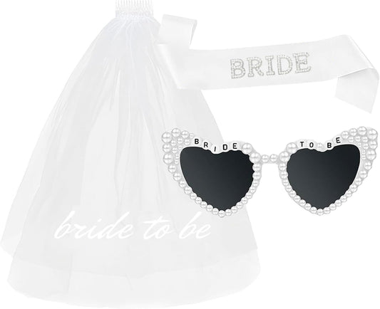 3PCS Bride To Be Veil White Print Bridal Veils Bride Sash and Pearl Sunglasses for Bachelorette Party