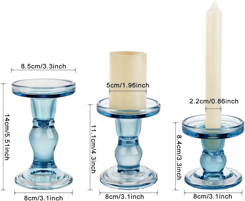 3-Piece Set of Blue Glass Candlestick, Crystal Candlestick Holder Holder and Conical Candle, Christmas Candle Holder Decoration, Family Living Room Wedding Candle Holder (Blue)