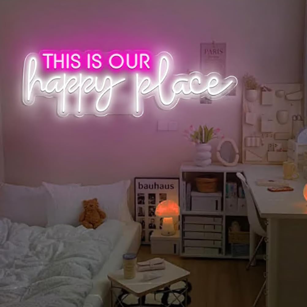 This is our Happy Place Neon Sign, Our Happy Place Neon Light, Personalized Wedding Sign for Home Decor, Personalized Gift For Kid Size:24inches
