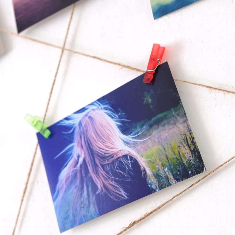 100pcs Mini Clear Hanging Photo Clips + 30m Twine for Picture Display, Arts & Crafts - Plastic Clothespins, Paper Peg Pin Craft Clips (Multi-Color)