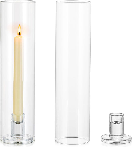 NUPTIO Hurricane Glass Candle Holders: Set of 2 Candlestick Holder with Cylinder Covers 11.8 inch Tall Windproof Clear Taper Candle Stand for Fall Thanksgiving Christmas Decor
