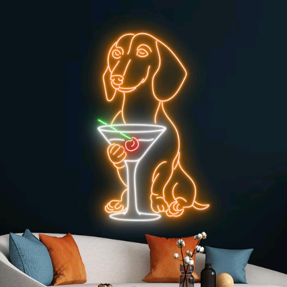 Dachshund Drinking Martini Neon Sign, Dachshund LED Light, Cocktail LED Sign, Wine Bar Club Neon Wall Decor Size:22inches