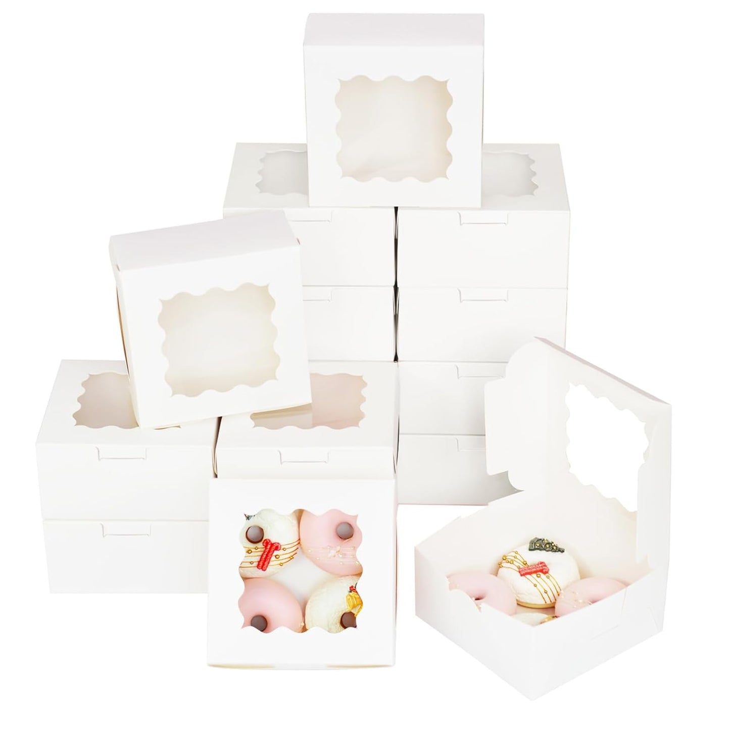 Bakepacker 100pcs White Cookie Boxes 6x6x3 inches Easy Assemble Macaroon Pastry Boxes Bakery Boxes with Window for Bakery