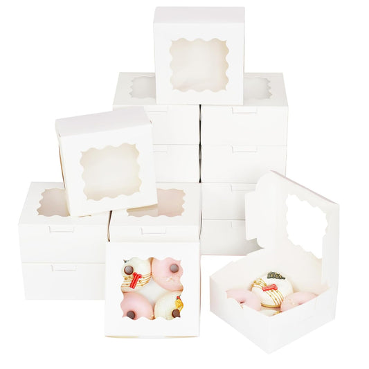 Bakepacker 100pcs White Cookie Boxes 6x6x3 inches Easy Assemble Macaroon Pastry Boxes Bakery Boxes with Window for Bakery
