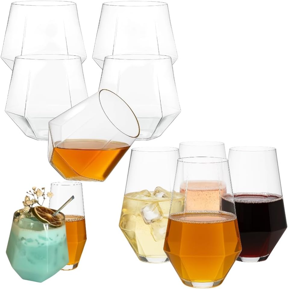 Oojami 48 Pack Diamond Clear Unbreakable Stemless Plastic Glasses 24 9oz Stemless Champagne Flutes & 24 12oz Cups BPA-Free, Disposable, Shatterproof Drinkware for Weddings, Bars, Events, and Parties