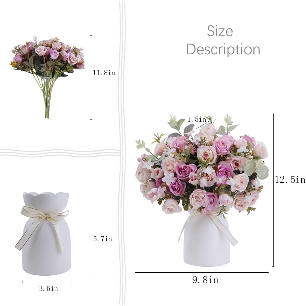 LESING Artificial Silk Rose with Vase Fake Flowers Wedding Flowers Bouquets Arrangement Home Office Party Centerpiece Table Decoration (Pink)