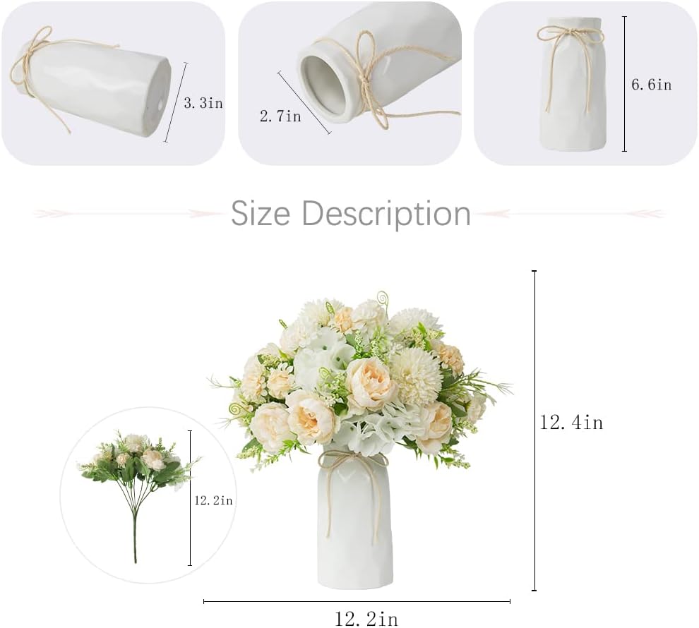 LESING Artificial Peony with Vase Silk Flowers Bouquets Fake Hydrangea Bulks for Home Table Centerpieces Wedding Decoration(White-1)