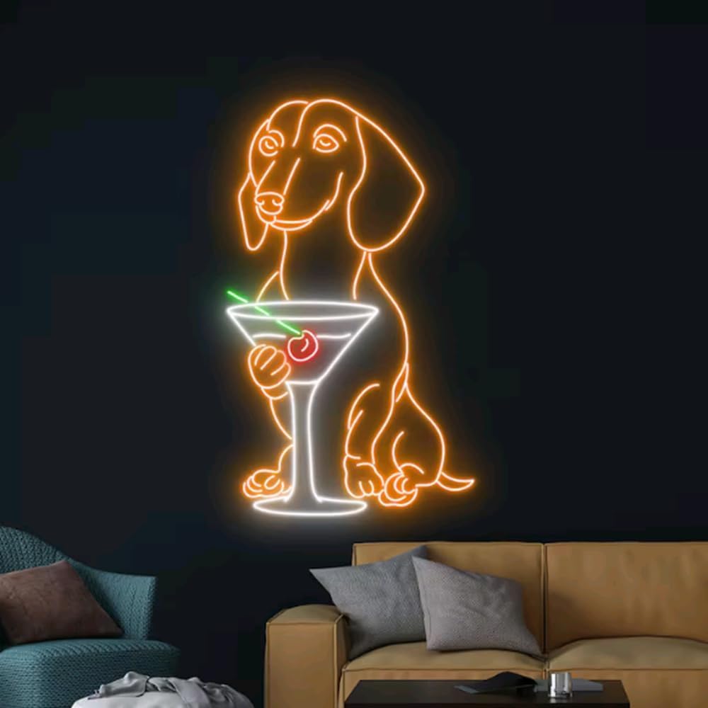 Dachshund Drinking Martini Neon Sign, Dachshund LED Light, Cocktail LED Sign, Wine Bar Club Neon Wall Decor Size:22inches