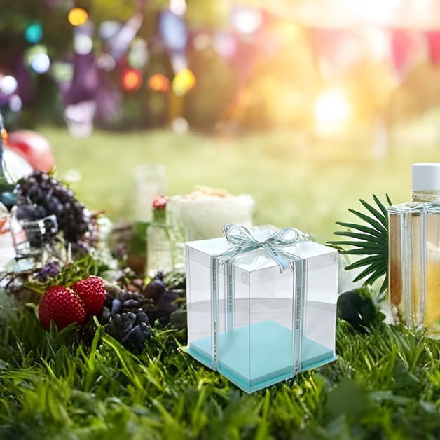 XININSUN 4inch clear cake box with ribbon,7x7x8inch small cake carrier,Bakery Take Out Transport Containers clear gift boxes for wedding,birthday,party(6pcs-green)