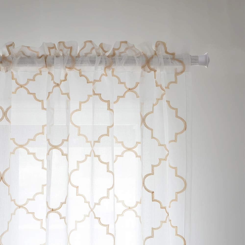 Embroidered Moroccan Tile Lattice Design Gold Sheer Curtains 84 Inch Long, Rod Pocket Sheer Drapes for Living room, Bedroom, 2 Panels, 52"x84", Semi Voile Window Treatments for Yard, Villa, Parlor.