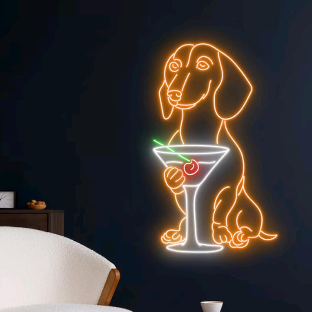 Dachshund Drinking Martini Neon Sign, Dachshund LED Light, Cocktail LED Sign, Wine Bar Club Neon Wall Decor Size:22inches