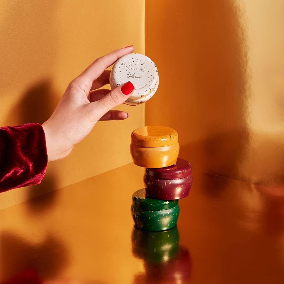 Capri Blue Glimmer Mini Tin - Volcano Scented Candle with Mini Tin Candle Holder - Soy Wax Blend - White and Gold (3 oz)