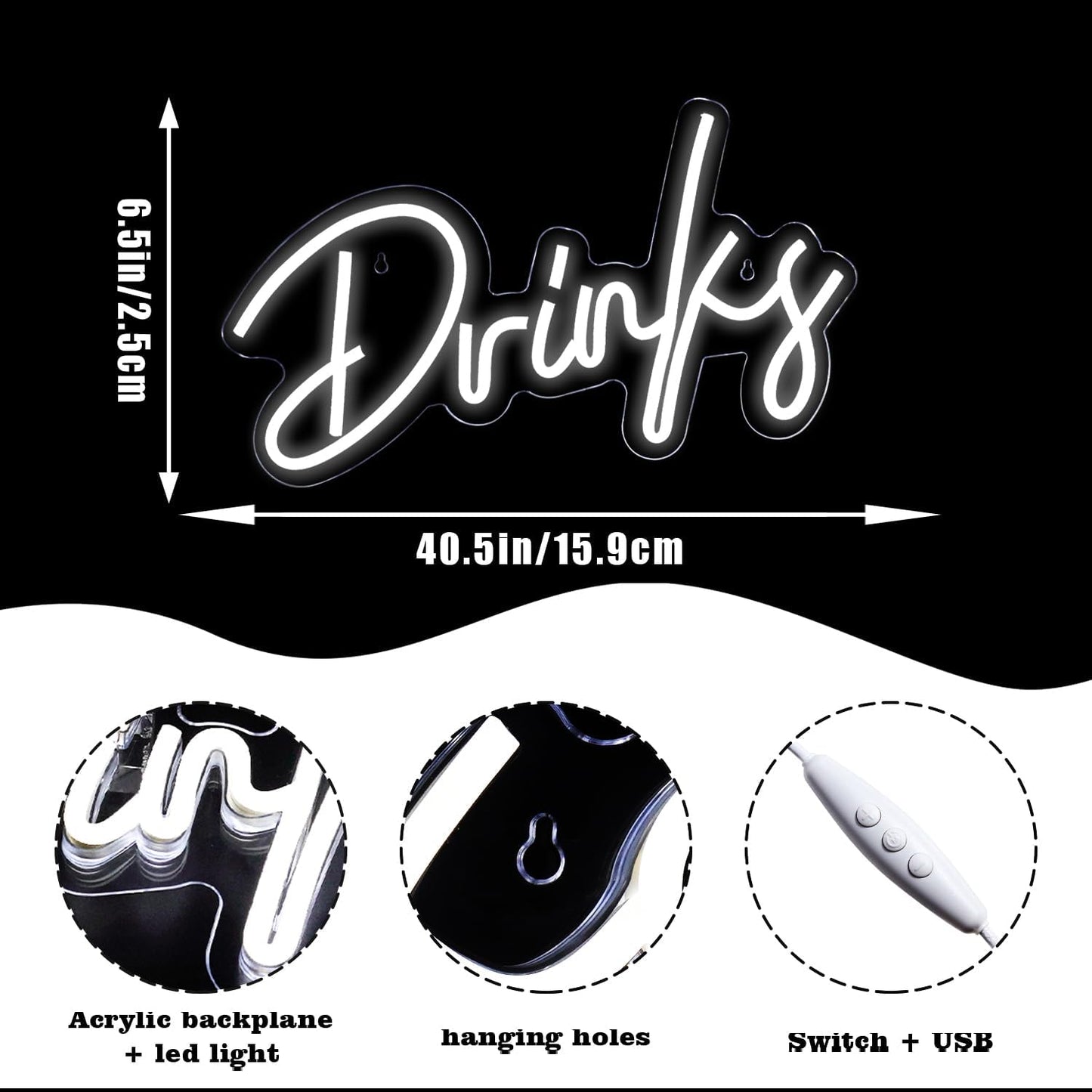 Looklight Drinks Neon Sign,Bar Neon Sign,Neon Signs for Wall Decor,Neon Sign For Room,White Neon Light Sign Led Neon Bar Signs USB Connectivity Light Up Wall Decor for Teen Room Bedroom Bar Store